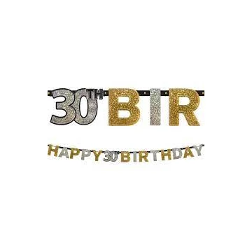 Happy Birthday 30-as banner - csillogó arany és ezüst