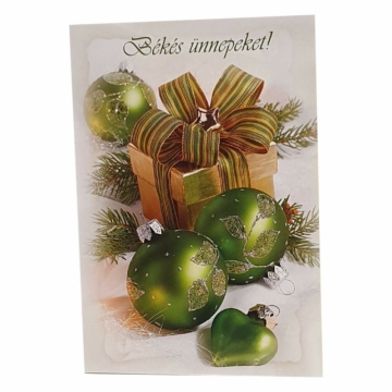 Képeslap Karácsonyi Békés Ünnepeket! Zöld csomag-dísz