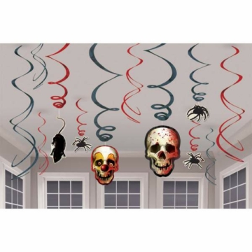 Dekoráció Függő spirális Halloween Pók + koponya + egér 12 db-os