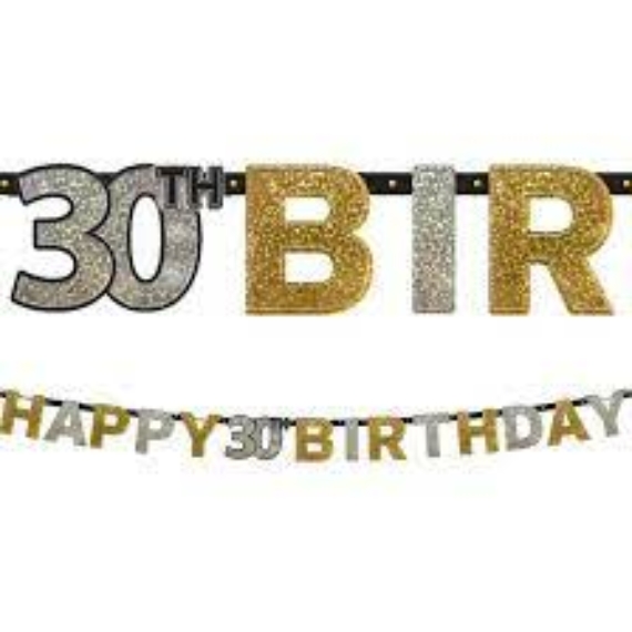 Happy Birthday 30-as banner - csillogó arany és ezüst