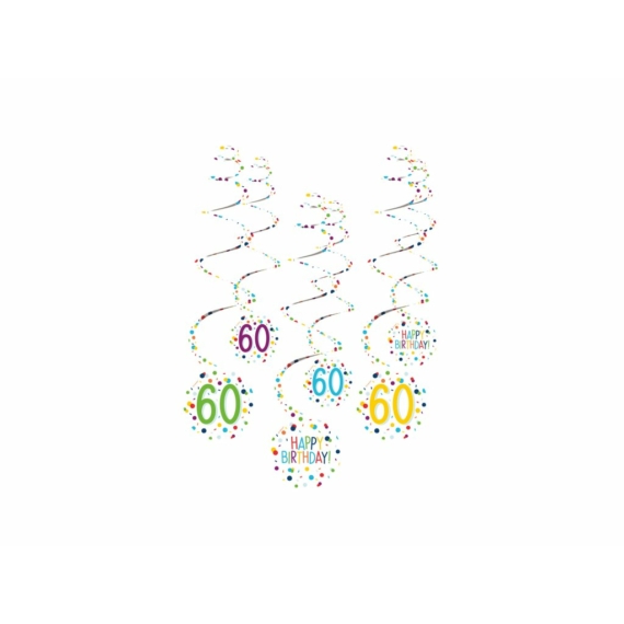 Függő spirál dekoráció születésnapra,  konfetti mintás - 60-as Happy Birthday!