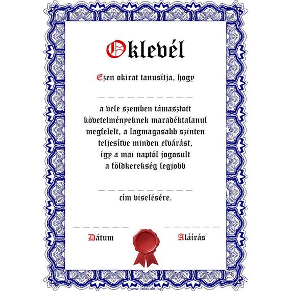 Oklevél, Kitölthető - Férfi