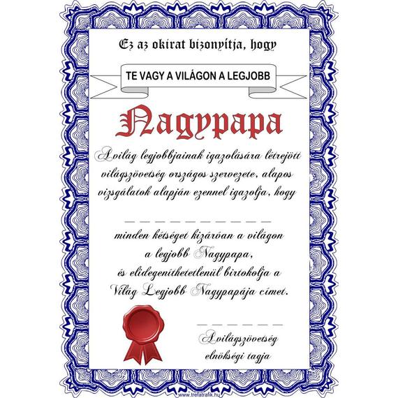 Oklevél, Legjobb Nagypapa...