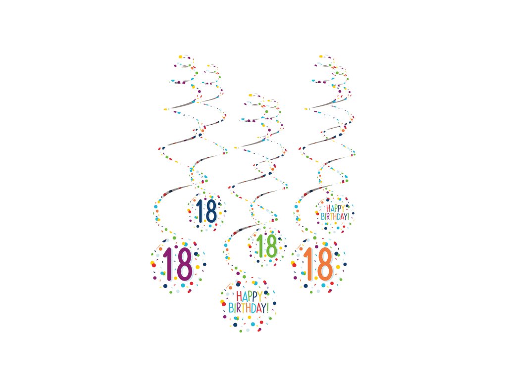 Függő spirál dekoráció születésnapra, konfetti mintás - 18-as Happy Birthday!