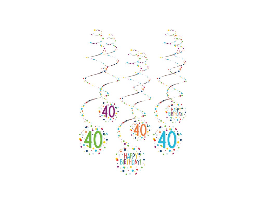 Függő spirál dekoráció születésnapra,  konfetti mintás - 40-es Happy Birthday!