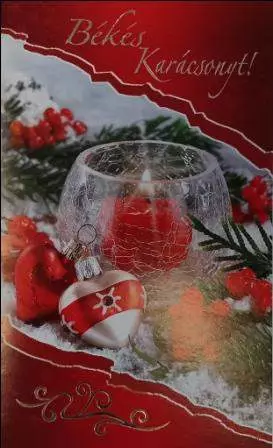 Képeslap, Békés Karácsonyt, gyertyatartó, piros dísz sima változat