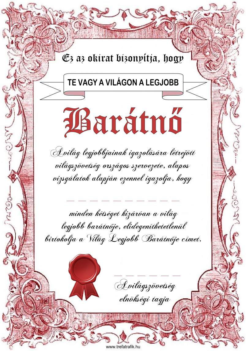 Oklevél, Legjobb Barátnő...