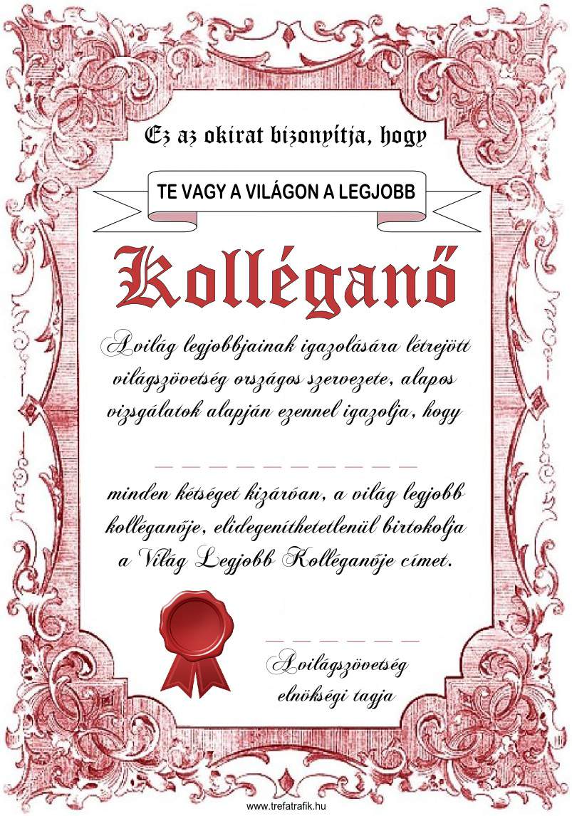 Oklevél, Legjobb Kolléganő...
